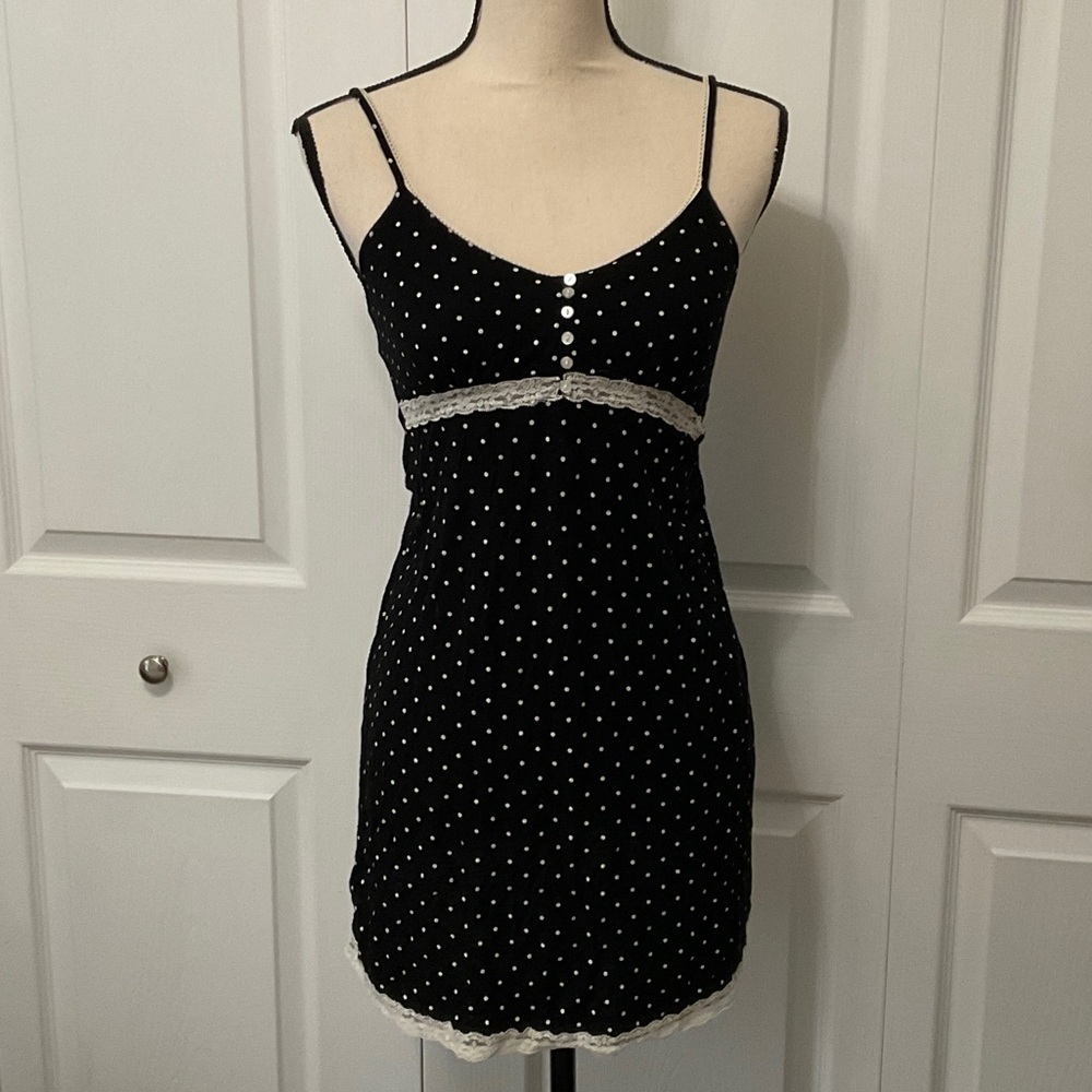 Tart Intimates Black Polka Dot Spaghetti Strap Nightgown with lace trim, Medium